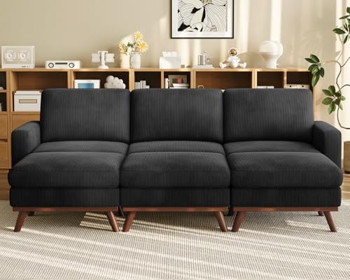 Vesgantti 97" Modular Sectional Sofa Black, Sectional Couch with Movable Ottoman, Comfy Corduroy Couch with Spring Cushion, Modular Sofa with Deep Seat for Living Room, Bedroom and Apartment by Vesgantti