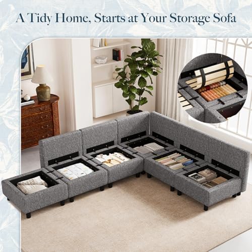 Belffin 107.1" 6 Seats L Shaped Couch Modular Sectional Sofa Seat Couch with Storage Comfy Washable Sectional Couches for Living Room Sofas with Chaise,Grey - Image 3