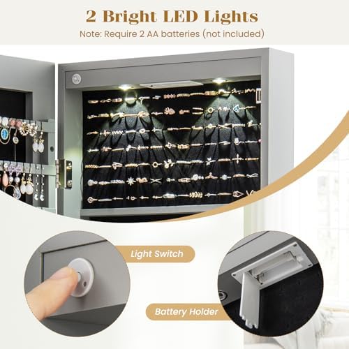 NAFORT 2 LEDs Mirror Jewelry Cabinet, 47.5-Inch Tall Wall or Door Mounted Jewelry Organizers and Storage with Frameless Full-length Mirror, Lockable Jewelry Armoire with 2 Drawers, Gray - Image 5