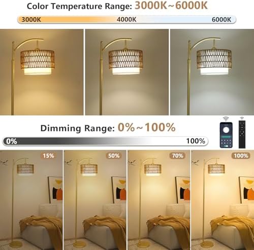Gold Floor Lamps for Living Room with Remote & Dimmable LED Bulb, Modern Arc Floor Lamp with 3 Color Temperatures, Boho Standing Lamp with Rattan & Fabric Shades, Adjustable Tall Lamp for Bedroom - Image 2