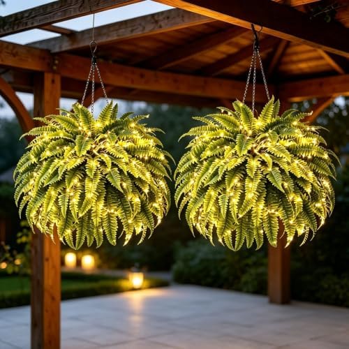 Glowing Boston Ferns with Lights, Oversized Pre-Lit Artificial Boston Ferns - 88 Leaves, No Watering, No Fading, for Porch, Patio, Home and Garden Decor，2 Pcs by Unknown