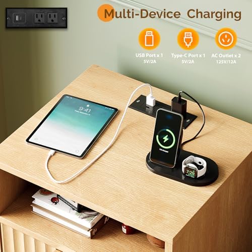 VINGLI Fluted Nightstand with Charging Station, Wood Nightstand with 2 Drawers Night Stand for Bedroom, Fluted Bedside Table/End Table/Side Table with Pine Wood Legs, Oak, 15.75" W*15.55" D*23.62" H - Image 4
