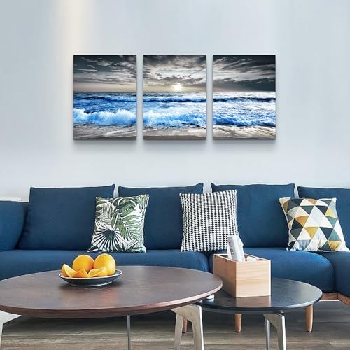 MHARTK66 3 Piece Canvas Wall Art - Blue Ocean Wave Seascape Pictures - Bedroom, Living Room, Office Wall Decor - Modern Home Decor - Image 3