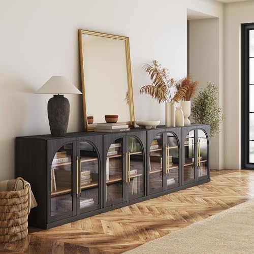 BELLEZE 2-Piece 65" Arched Sideboard with Glass Door, Accent Buffet Cabinet with Storage and Adjustable Shelves, Classic Modern Large Console for Living Room Kitchen Entryway (Ebony) by BELLEZE