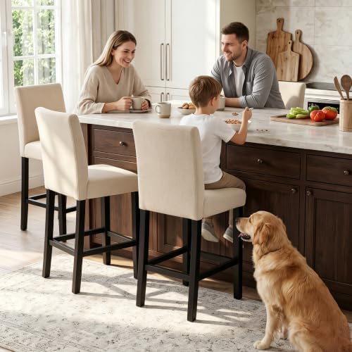 GOTMINSI Classic 24 Inches Counter Height Stools Upholstered Bar Stools with Solid Wood Legs Set of 2(Fabric Beige) - Image 6