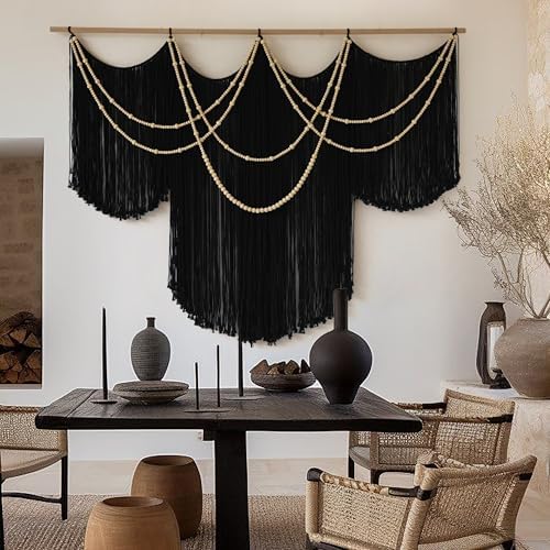 Macrame Wall Hanging Black Yarn Tapestry Boho Fiber Art Decor 57"W*43"L - Image 2