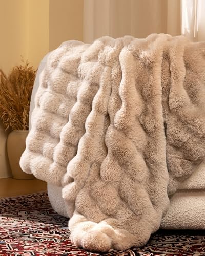 Ultra Soft Cozy Faux Fur Throw Blanket, Fuzzy Plush Thick Bubble Blanket, Oversize Luxury Fluffy Blanket for Couch, Bed, and Living Room, 60x80 Inches, Light Brown - Image 3