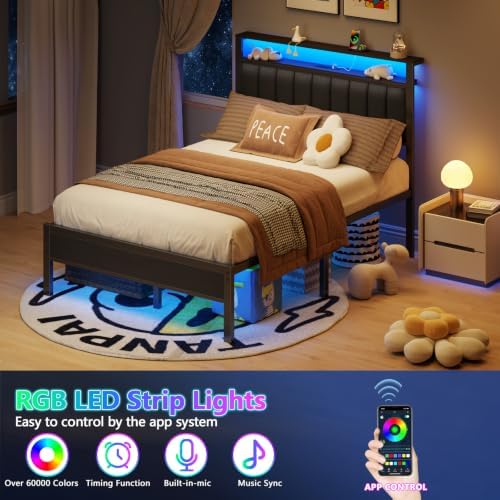 Furnulem Full Size Bed Frame with Charging Station and LED Lights - Image 3