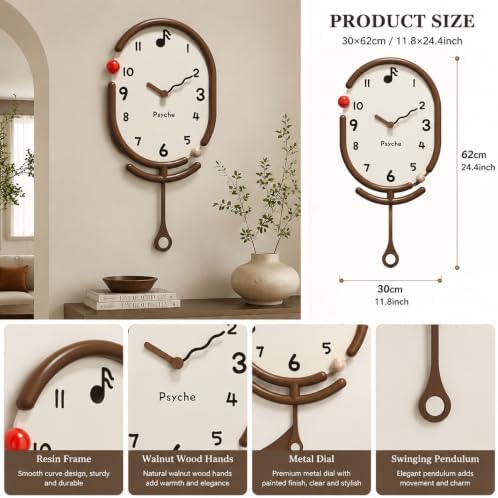 Modern Pendulum Wall Clock, Decorative Resin Frame Clock with Metal Painted Dial and Walnut Wood Hands, Silent Non Ticking Wall Decor for Living Room Bedroom Office Kitchen Home Decoration, 24.4 Inch - Image 3