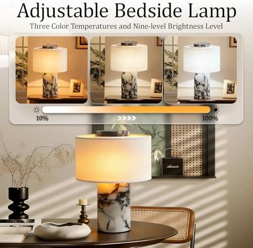 Cordless Marble Table Lamp with USB Port Rechargeable Battery Operated,Bedroom Nightstand Stone Base Touch Dimmable Night Light End Linen Lamp Shades for Side Contemporary Coastal Living Room - Image 4
