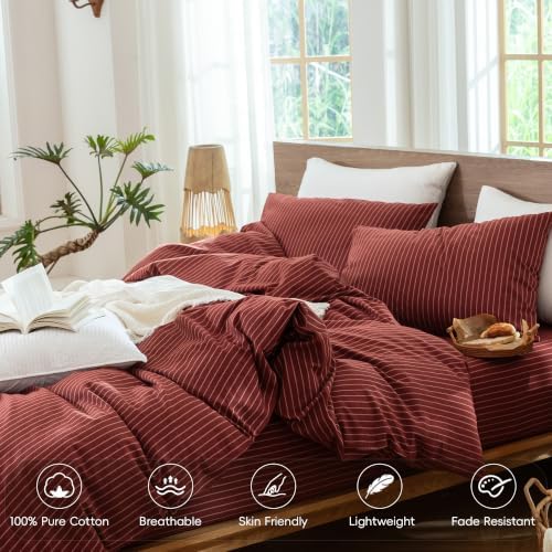 MooMee Striped Duvet Cover Set 100% Washed Cotton Linen Like Queen - Image 3