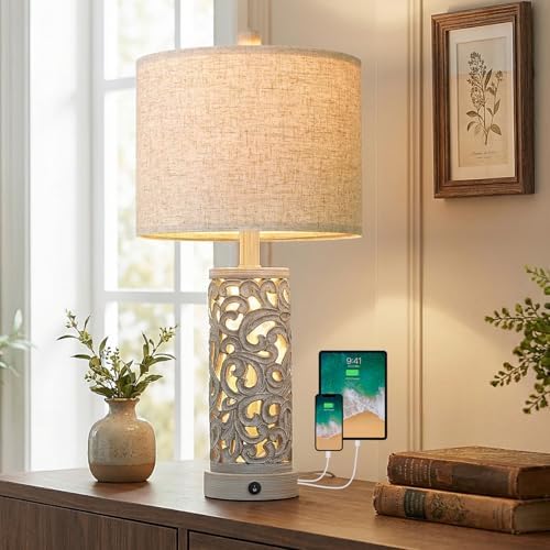 OYEARS 22'' Farmhouse Table Lamp for Living Room, Bedside Lamp with 2 USB Ports for Bedroom, Rustic Nightstand Lamp with Linen Lampshade for Office Hallway Home Decor, Distressed Grey (Bulb Included) by OYEARS
