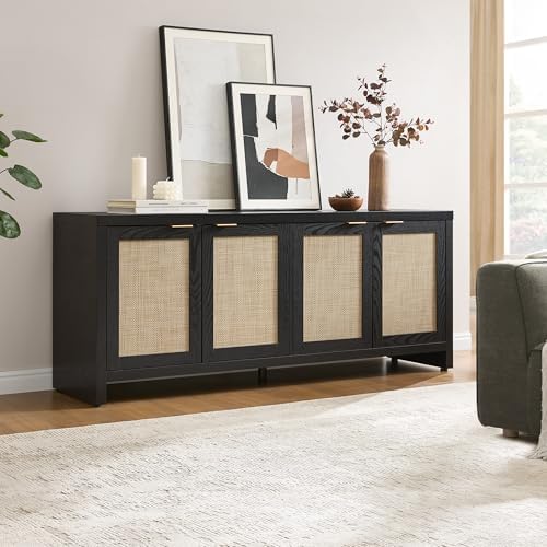 SICOTAS TV Stand for Living Room Boho Entertainment Center for Bedroom with 4 Rattan Cabinets Farmhouse Television Stands with Storage Large Media Console Table for TVs up to 65 Inch - Image 6