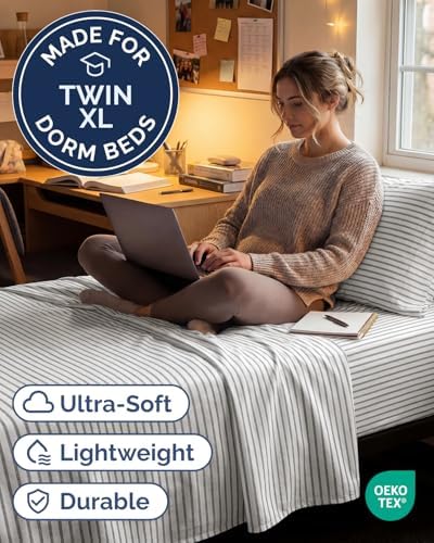 Twin XL Size 3 Piece Sheet Set - Breathable & Cooling Sheets - Grey Stripes - Image 2