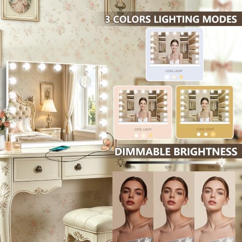 Ratsamee Hollywood Vanity Mirror with Lights, 17 Dimmable Bulbs, 3 Color Lights,Make Up Lighted Mirror, Aluminum Metal Frame, USB Charging Port（28" x 20"） - Image 3