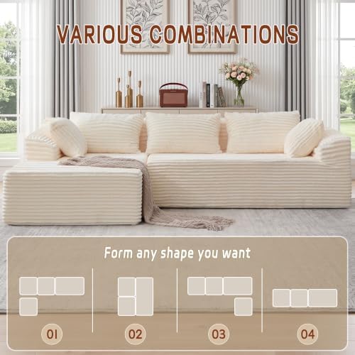 Korser 110" L-Shaped Modular Sectional Sofa with Chaise, Boneless Comfy Corduroy Fluffy Couch with Deep Seat and Side Pockets, Flexible Module Combination for Living Room, No Assembly, Side Pockets - Image 4