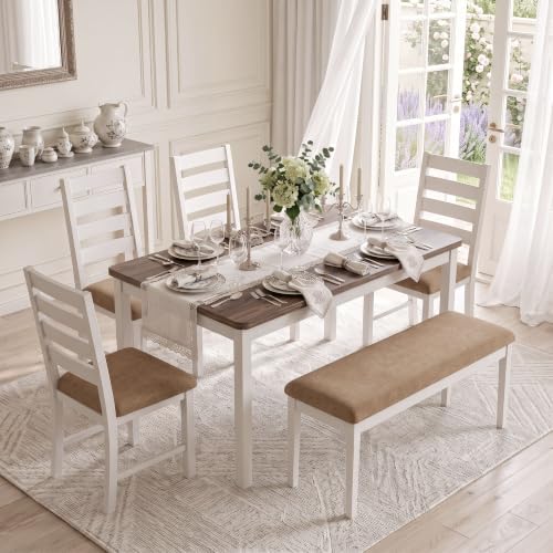 ROCSUMOO 6-Piece Dining Table and Chair Set with 4 Chairs & 1 Bench, Brown by ROCSUMOO