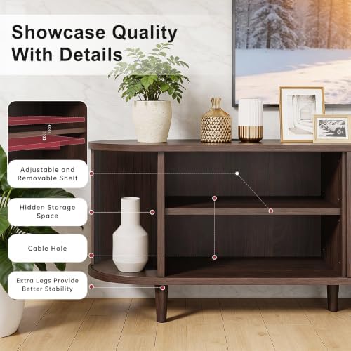90" Mid Century Modern TV Stand, Wood TV Consoles with Sliding Doors and Power Outlet, Entertainment Center with Adjustable Shelves, Fluted TV Stands for Living Room, Walnut - Image 4