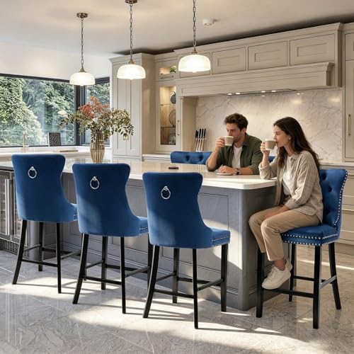SoarFlash Modern Velvet Upholstered Bar Stools Set of 6 with Wood Legs, Button Tufted,Chrome Nailhead, Counterstool Seat, Armless Bar Chairs (Blue) - Image 4