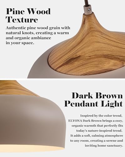 ELYONA 12" Japandi Pendant Light, Farmhouse Pendant Light Fixture with Faux Pine Wood Grain Metal Shade, Adjustable Hanging Light for Kitchen Island Dining Room Bedroom Sloped Ceiling, Caramel Brown - Image 6