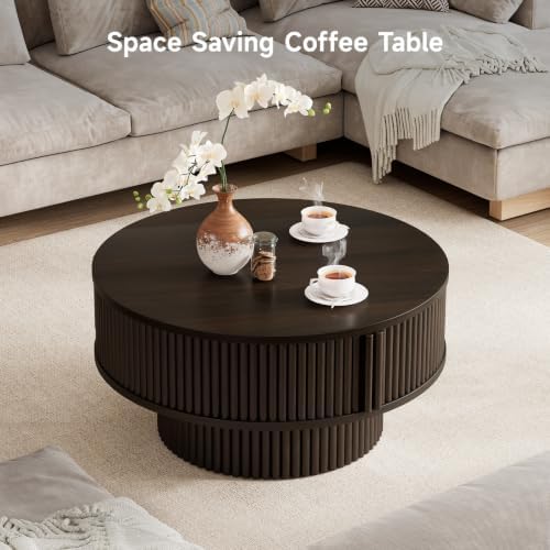 ONBRILL 31.5" Fluted Round Coffee Table with Storage Black - Image 4