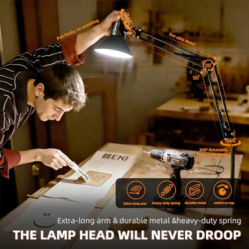 Black Desk Lamp with Clamp, Extra-Tall Adjustable Metal Swing Arm, 2 Pack - Image 4