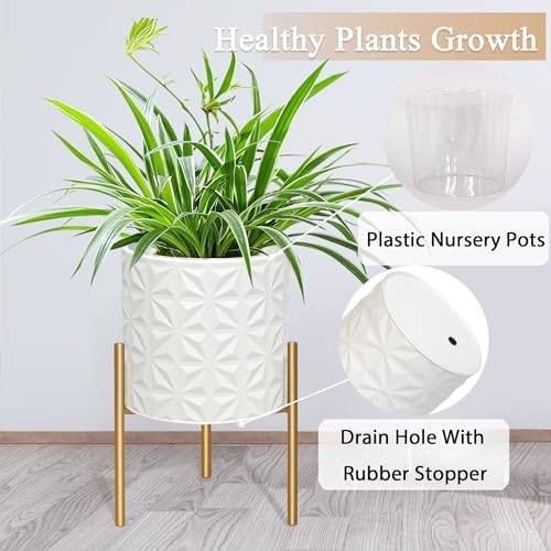 ARNIS Plant Pots with Stand, Set of 2 Indoor Planter Pots, Large Metal Planters with Stand, Mid Century Decorative Flower Pots with Drainage Hole and Gold Plant Stand, 8.25" & 10.5",Matte White - Image 4