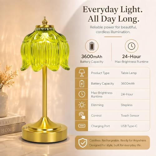 Lotus Flower Table Lamp, Cordless Rechargeable Amber Glass Bedside Lamp | 3600mAh Battery, Touch Control, 3 Color Modes & Stepless Dimming for Bedroom, Nightstand Beryl Green 1PC - Image 7