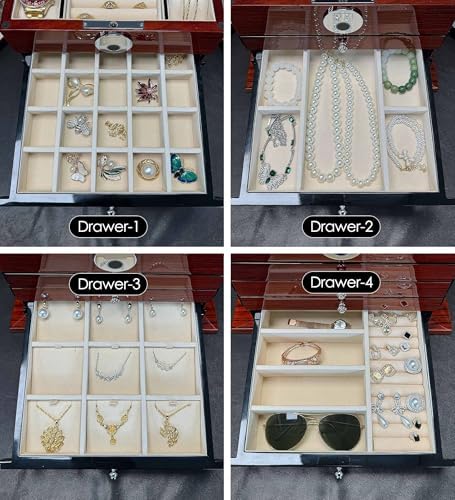 Jewelry Box Wood Jewel Organizer with Fingerprint Lock Safe, 7-Layer Large Locking Jewelry Storage Box with Necklace Hanger for Women Mens Gift (5L-RS) - Image 6