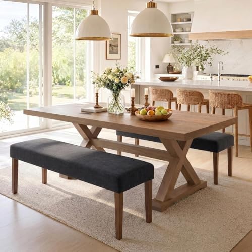 HNY Farmhouse Upholstered Dining Bench Seat Set of 2, 45" Linen Entryway Bench with Natural Wood Legs, Mid Century Modern End of Bed Bench for Kitchen Bedroom Living Room Hallway, Charcoal by HNY