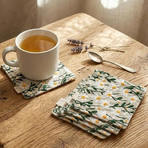 Handmade Daisy Embroidered Coasters Set of 4, 4.3" Cotton Linen Drink Coasters for Wooden Table, Rustic Cottagecore Floral Cup Mats, Decorative Small Vase Mat, Aesthetic Desk Decor & Jewelry Pad by Daisy+%26+Dino