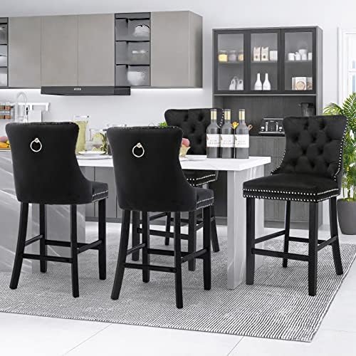 SoarFlash Modern Velvet Upholstered Bar Stools Set of 4 with Wood Legs, Button Tufted,Chrome Nailhead, Counterstool Seat, Armless Bar Chairs (Black) - Image 6