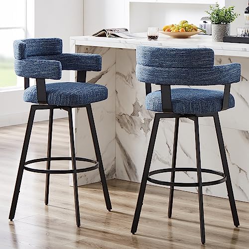 30 Inch Bar Stools Set of 2 with Full Back, Swivel Bar Chairs with Linen Padded Back, Metal Footrest, Modern Bar Height Stools for Kitchen Island, Dining, Living Room, Blue by FERFALDER