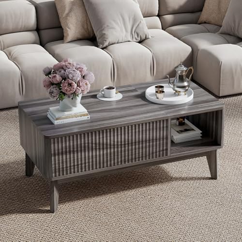 LYNCOHOME Fluted Lift Top Coffee Table with Storage,Modern Center Table for Living Room, Home Office（Grey） - Image 5
