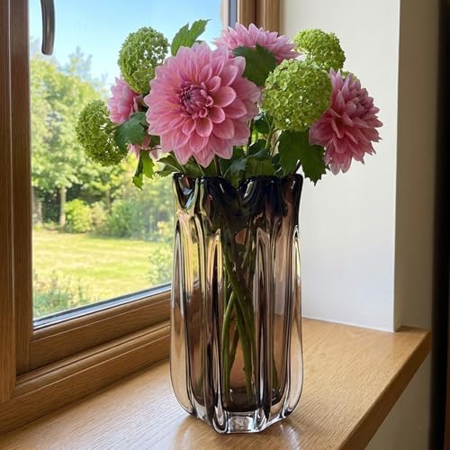 Large Hand Blown Glass Flower vases, Unique Amber Glass vases, Murano Style Wide Mouth vases, Beautiful Vase for Home Living Room, Office, Table centerpieces, Bookshelves and Wedding Decorations by LINYTHER