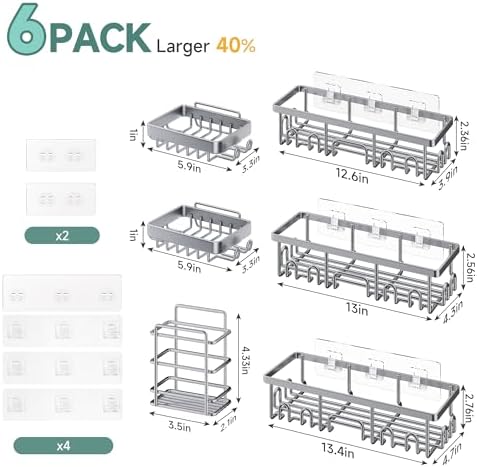 Veken Shower Caddy 6-Pack, No Drilling & Rustproof, Waterproof Adhesive Shelves Rack with Soap Holder, Large Capacity Bathroom Organizers and Storage, Wall-Mounted Kitchen & Home Decor, Bright Silver - Image 6
