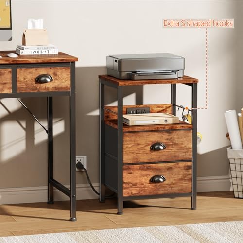Nightstand with Charging Station for Dorm, 2 Fabric Drawers, Rustic Brown - Image 7