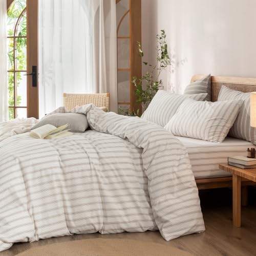 BESTOUCH Striped Cotton Duvet Cover Set Linen Feel Oversized King - Image 4