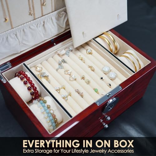 Wood Jewelry Box for Women, 3-layers Large Jewelry Storage Box&Organizer Fingerprint Lock, Drawers Full Locking, Mother Gifts (3L-RS) - Image 6