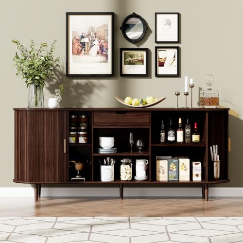 71" Sideboard Buffet Cabinet with Storage,Large Credenza with Sliding Doors and 1 Drawer,Mid Century Modern Coffee Bar Cabinet with Adjustable Shelves for Dining Room, Kitchen, Living Room (Walnut) - Image 3
