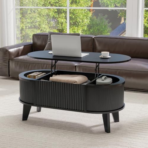 LYNCOHOME Fluted Lift Top Coffee Table with Storage,Modern Oval Coffee Table for Living Room or Home Office(Black) by LYNCOHOME