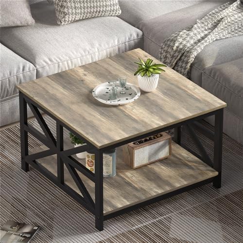 GreenForest 27.55 Inch Square Coffee Table with 2 Tier Storage - Image 4