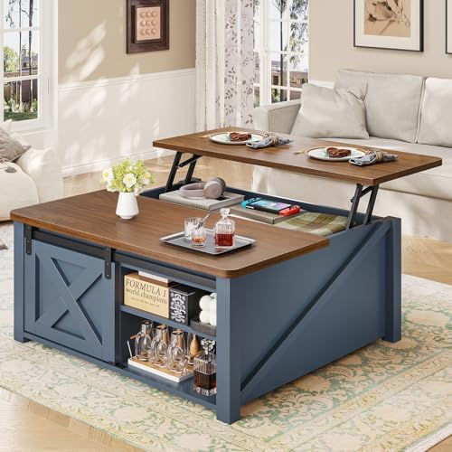 SEDETA 31.5" Lift Top Coffee Table with Storage, Square Coffee Tables for Living Room, Farmhouse Coffee Table with Large Hidden Storage Compartment and Adjustable Shelves, Blue by SEDETA