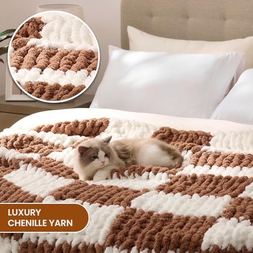 L'AGRATY Chunky Knit Throw Blanket for Couch 60 x 80 Inches Brown Checkered - Image 3
