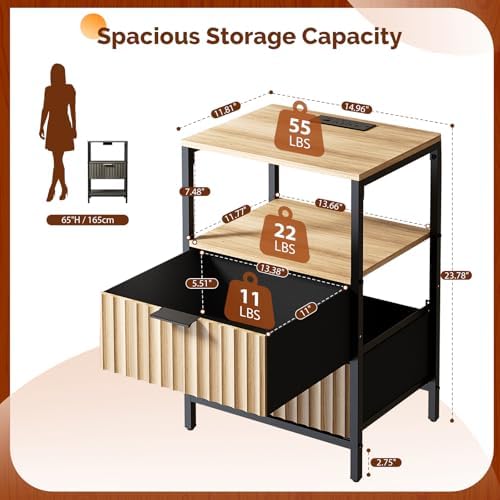 VINGLI Night Stand with Charging Station and Fabric Drawers, Fluted Nightstand Oak with 2 Drawers, Bed Side Table/End Table for Bedroom, 14.96" W*11.81" D*23.78" H - Image 2