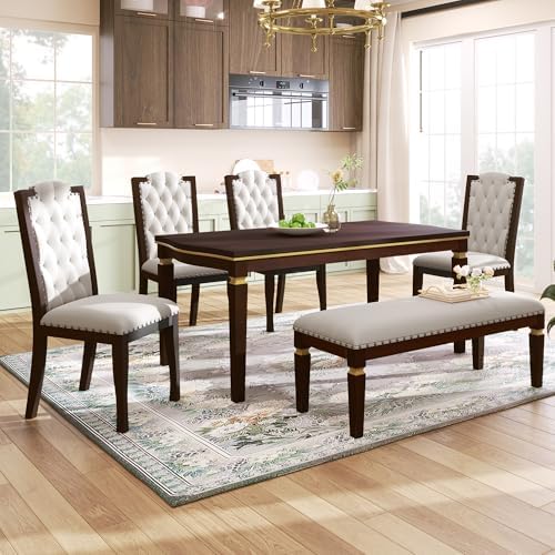VilroCaz Modern Elegant Wood Kitchen Dining Table Set, 60'' Rectangular Table and 4 High-Back Tufted Chairs & 1 Bench, Home Breakfast Kitchen Dining Room Table Set for 6 (Espresso-10.6) by VilroCaz