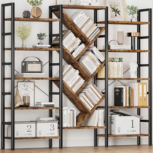 INNOD 70x70 Triple 5 Tier Book Shelf, Large Wooden Bookcase with 17 Open Display Shelf, Modern Tree Bookshelf Metal Frame Tall Book Case Furniture for Living Room Bedroom Home Office Rustic Brown by INNODToddlerTower