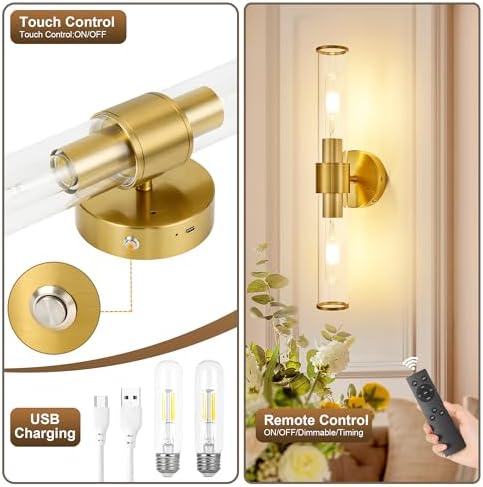 Gold Battery Operated Wall Sconces Set of 2, Rechargeable Wall Lights - Image 7