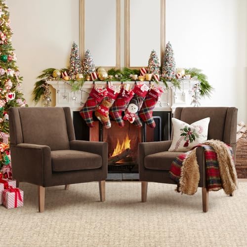 COLAMY Modern Wingback Living Room Chair Set of 2, Upholstered Fabric Accent Armchair, Single Sofa Chair with Lounge Seat and Wood Legs for Bedroom/Office/Reading Spaces, Brown by COLAMYHOME