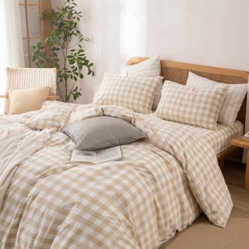 BESTOUCH Gingham Cotton Duvet Cover Set Almond Grey Full - Image 6